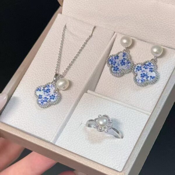 "Qinghua Porcelain" Pearl Necklace+Earrings+Ring Suit